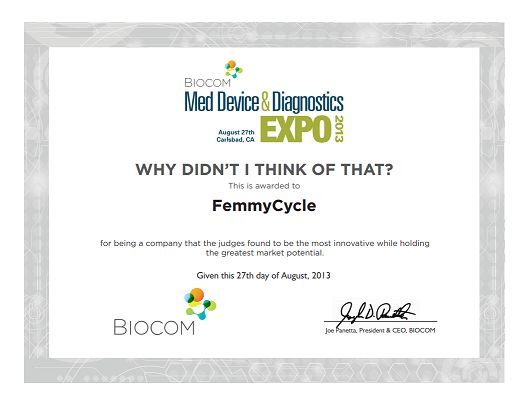 FemmyCycle wins Why Didn't I Think of That? award at BioCom Med Device and Diagnostics Expo 2013