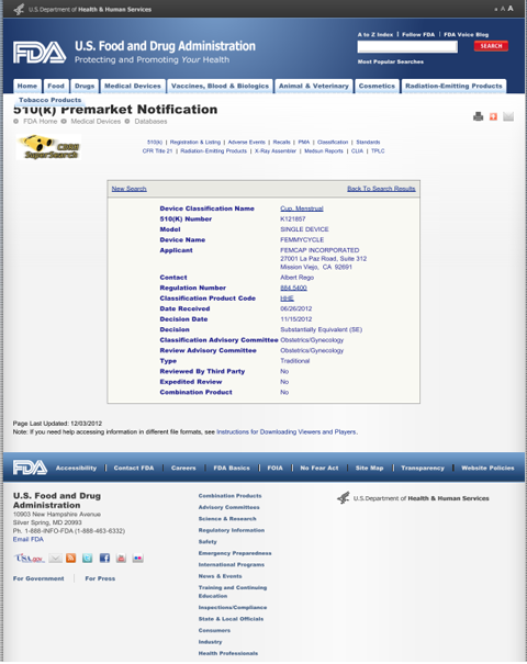 FemmyCycle 510(k) Premarket Notification